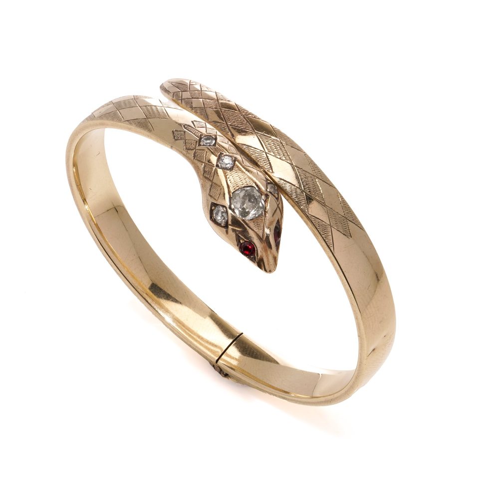 Vintage Gold Snake Bangle Bracelet with Diamond and Ruby