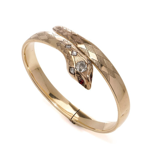 Vintage Gold Snake Bangle Bracelet with Diamond and Ruby