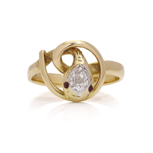 Victorian diamond and ruby head snake gold ring.