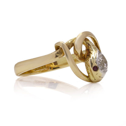 Victorian diamond and ruby head snake gold ring.