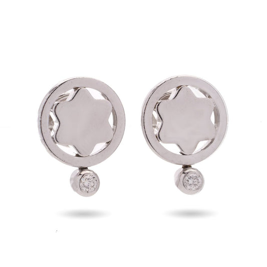 Diamond star emblem stud earrings in white gold.