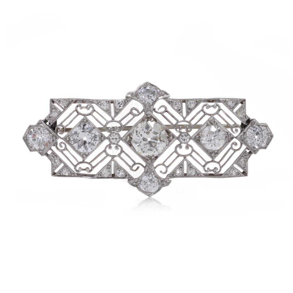 Art Deco Old Mine Cut Diamond and Platinum Plaque Brooch, over 7.70 carat total