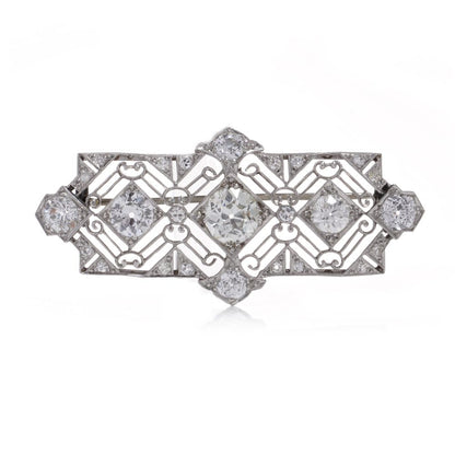 Art Deco Old Mine Cut Diamond and Platinum Plaque Brooch, over 7.70 carat total