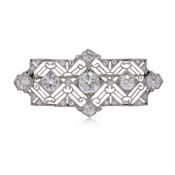 Art Deco Old Mine Cut Diamond and Platinum Plaque Brooch, over 7.70 carat total