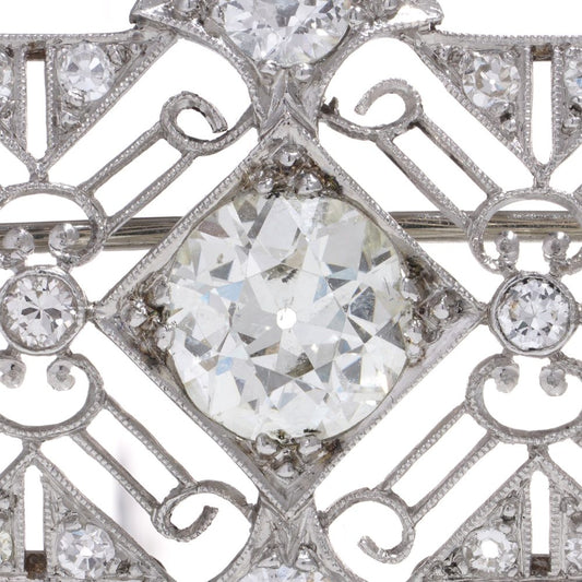 Art Deco Old Mine Cut Diamond and Platinum Plaque Brooch, over 7.70 carats