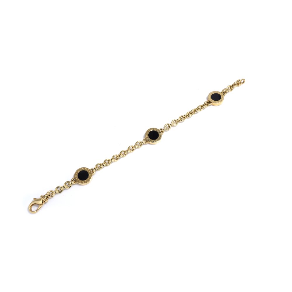 Vintage Bvlgari Black Onyx and 18ct Yellow Gold Link Bracelet, black onyx disc circular plaques in yellow gold surrounds links interspersed with entwinned 18ct yellow gold chain. Made in Italy, Imported to England, 2000