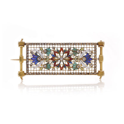 Lingerie pin brooch in gold with enamel and diamonds.