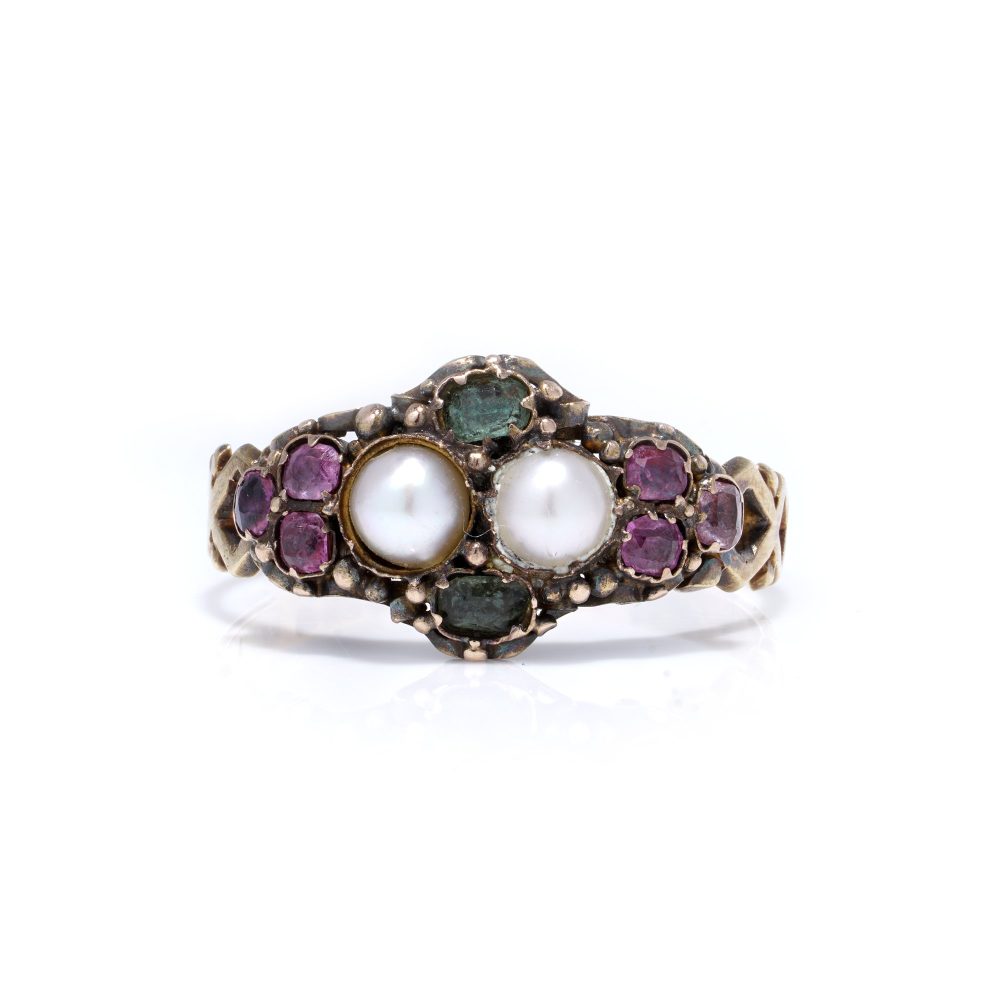 Victorian gold ring with pearls, amethysts, and emeralds.