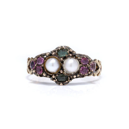 Victorian gold ring with pearls, amethysts, and emeralds.
