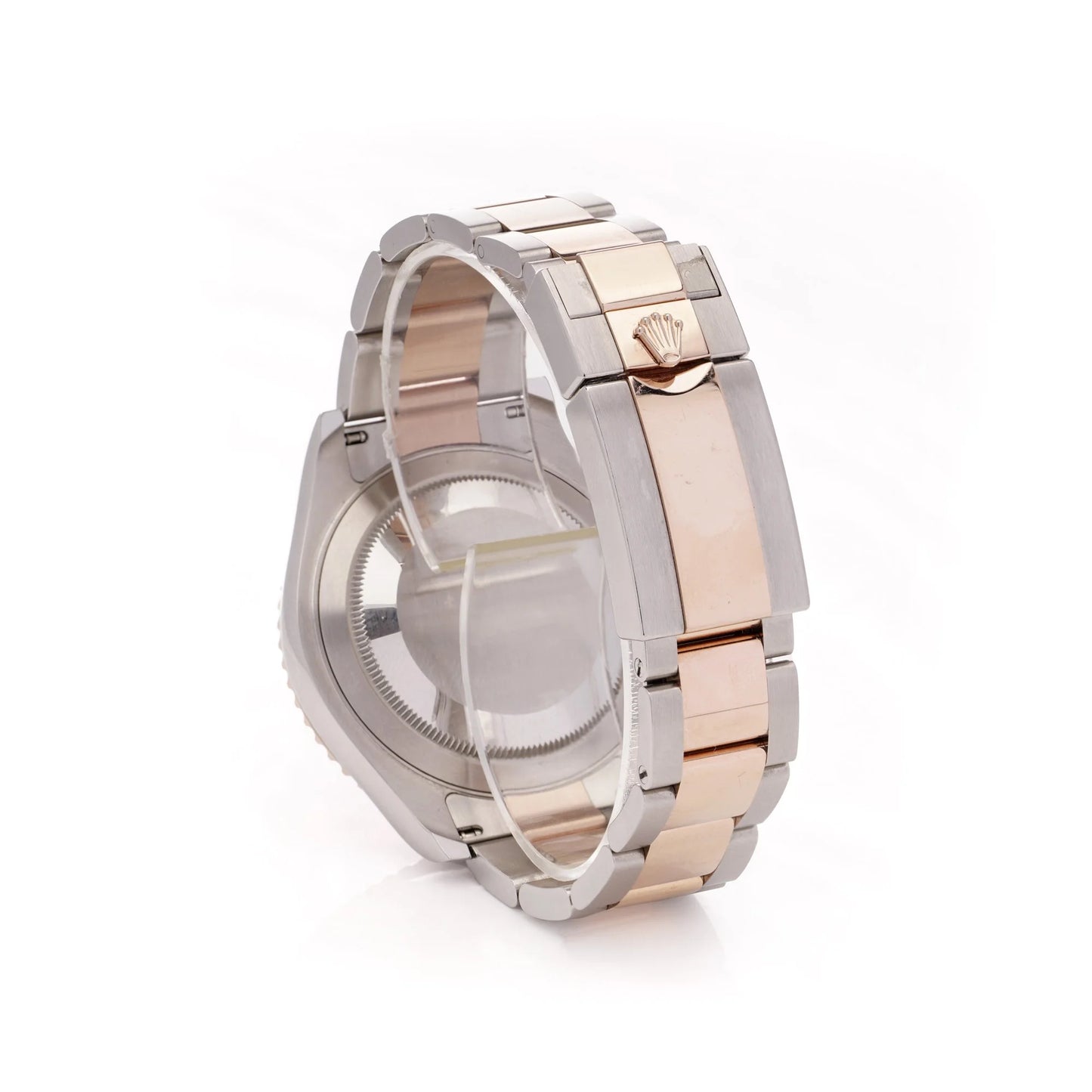 A Rolex Yacht-Master wristwatch in steel and rose gold, on a white background