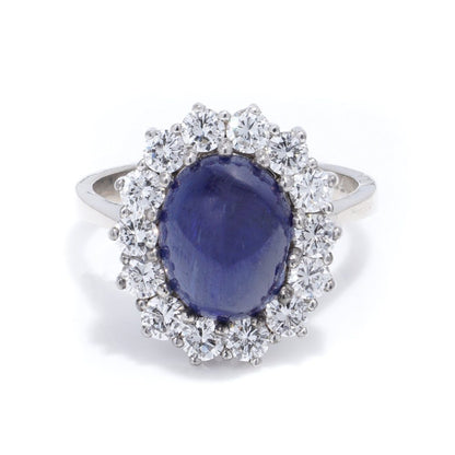 Sapphire and diamond cluster ring in white gold.