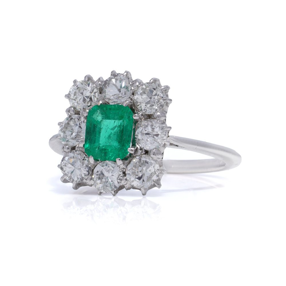 Art Deco Platinum Emerald and Diamond Cluster Engagement Ring