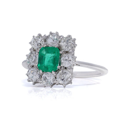 Art Deco Platinum Emerald and Diamond Cluster Engagement Ring