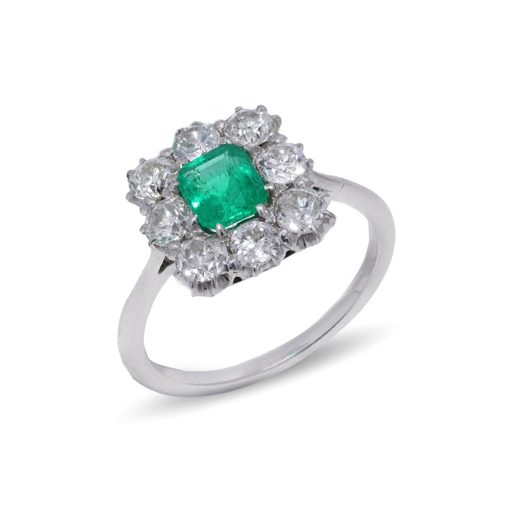 Engagement emerald and diamond ring cluster square
