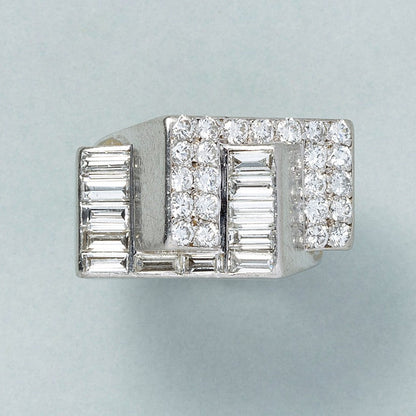 Art Deco French Baguette and Brilliant Diamond Tank Ring in Platinum