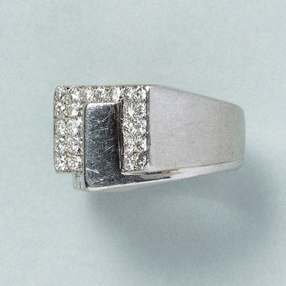 Art Deco French Baguette and Brilliant Diamond Tank Ring in Platinum