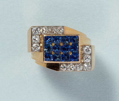 Art Deco 18ct Gold Ring with Sapphires and Diamonds