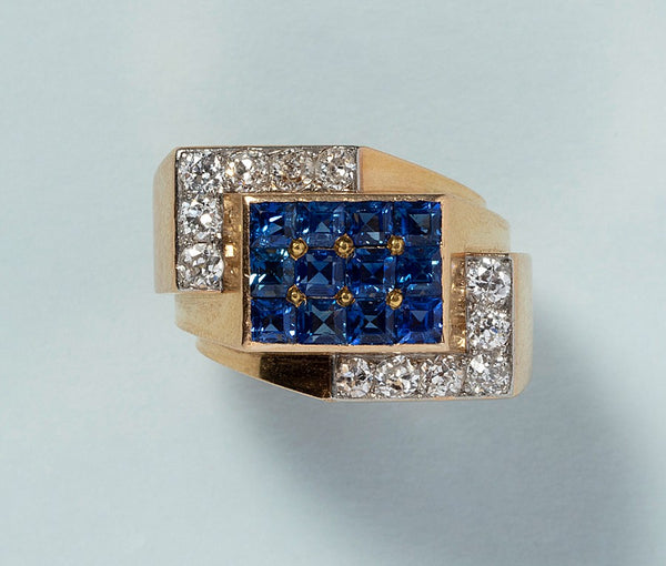 Art Deco 18ct Gold Ring with Sapphires and Diamonds