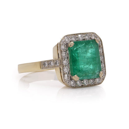 Vintage Emerald and Diamond Square Cluster Engagement Ring