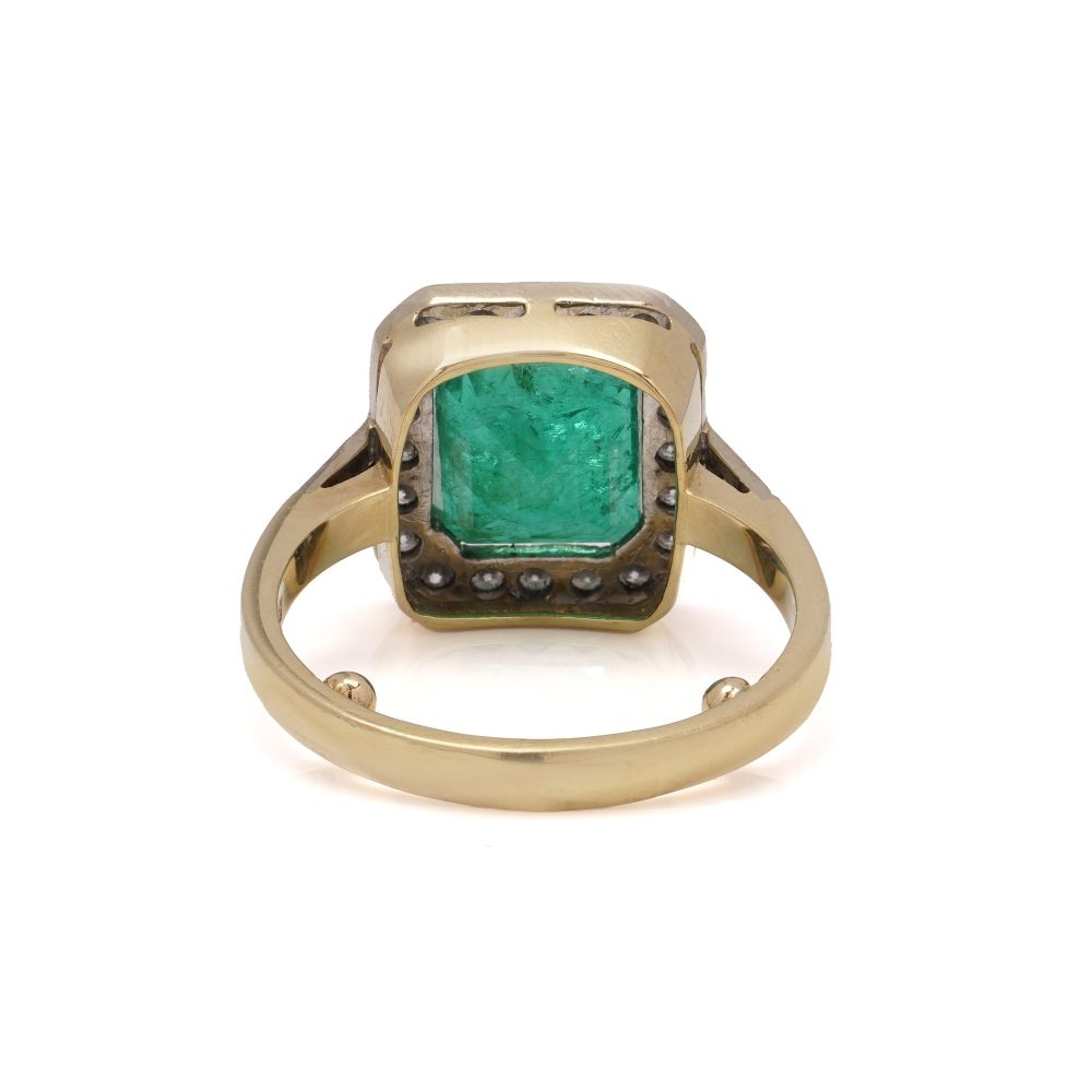 Vintage Emerald and Diamond Square Cluster Engagement Ring