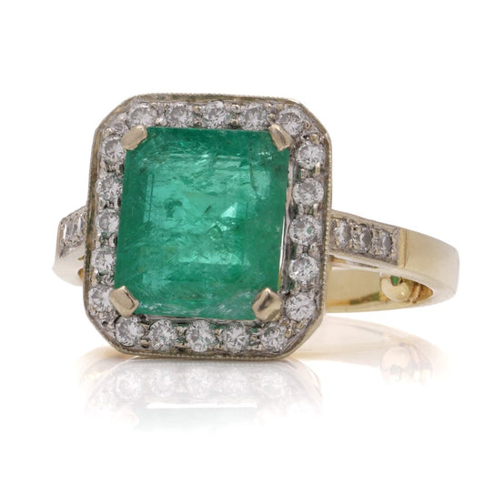 Vintage Emerald and Diamond Square Cluster Engagement Ring
