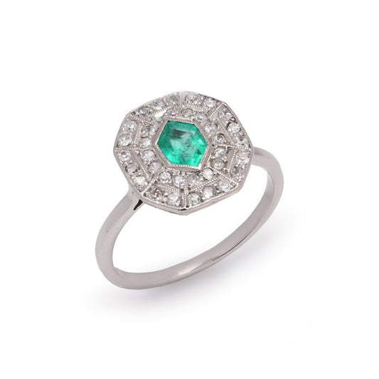 Art Deco 18 Carat White Gold Cluster Ring With Emerald And