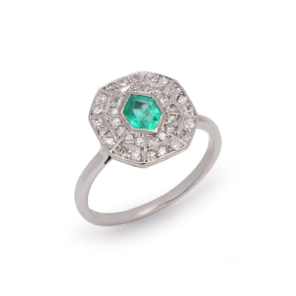 Art Deco 18 Carat White Gold Cluster Ring With Emerald And