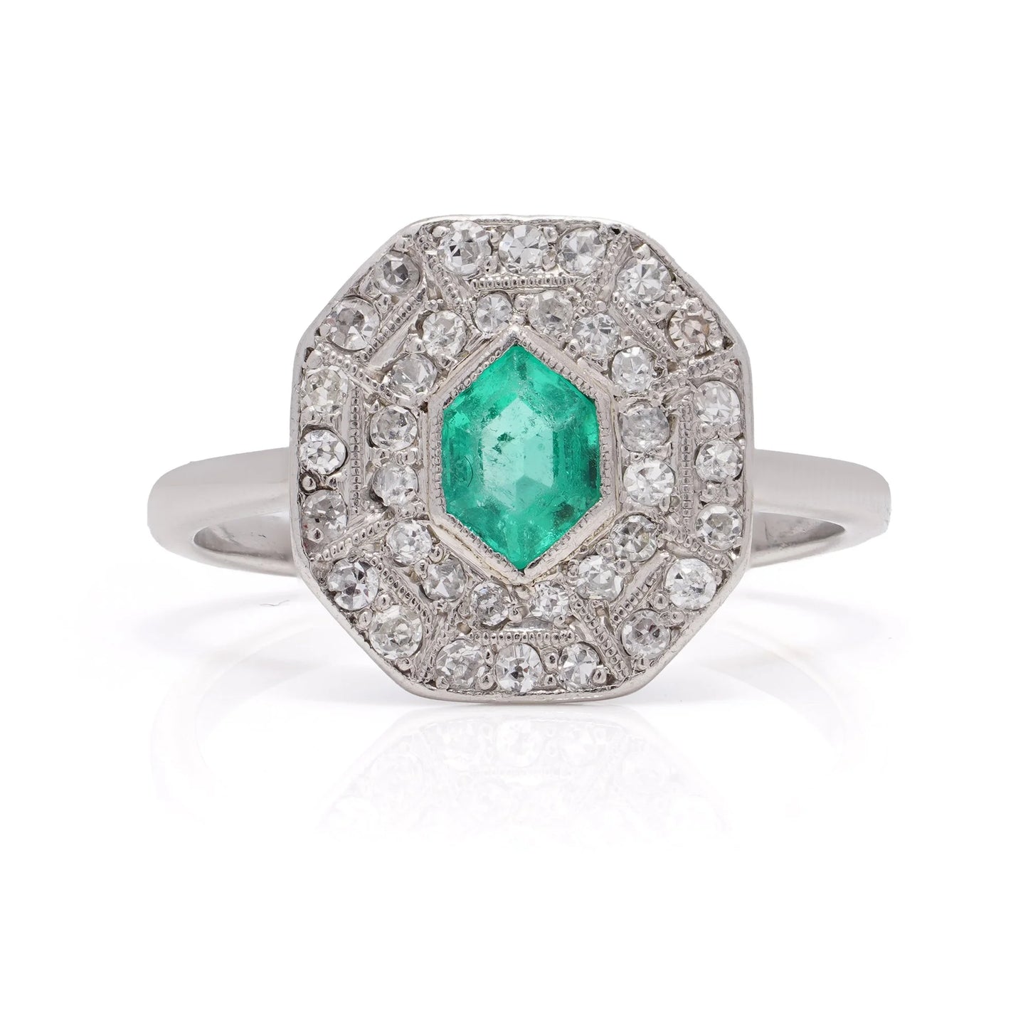 Art Deco Inspired Hexagon Cut Emerald and Diamond Cluster Engagement Ring in Platinum