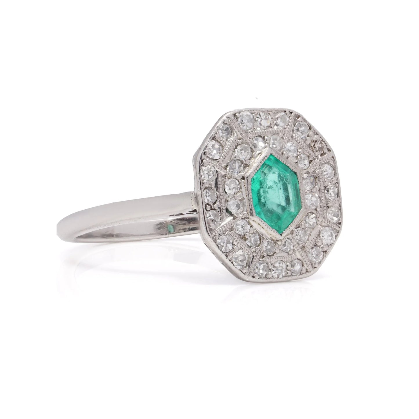 Art Deco Inspired Hexagon Cut Emerald and Diamond Cluster Engagement Ring in Platinum