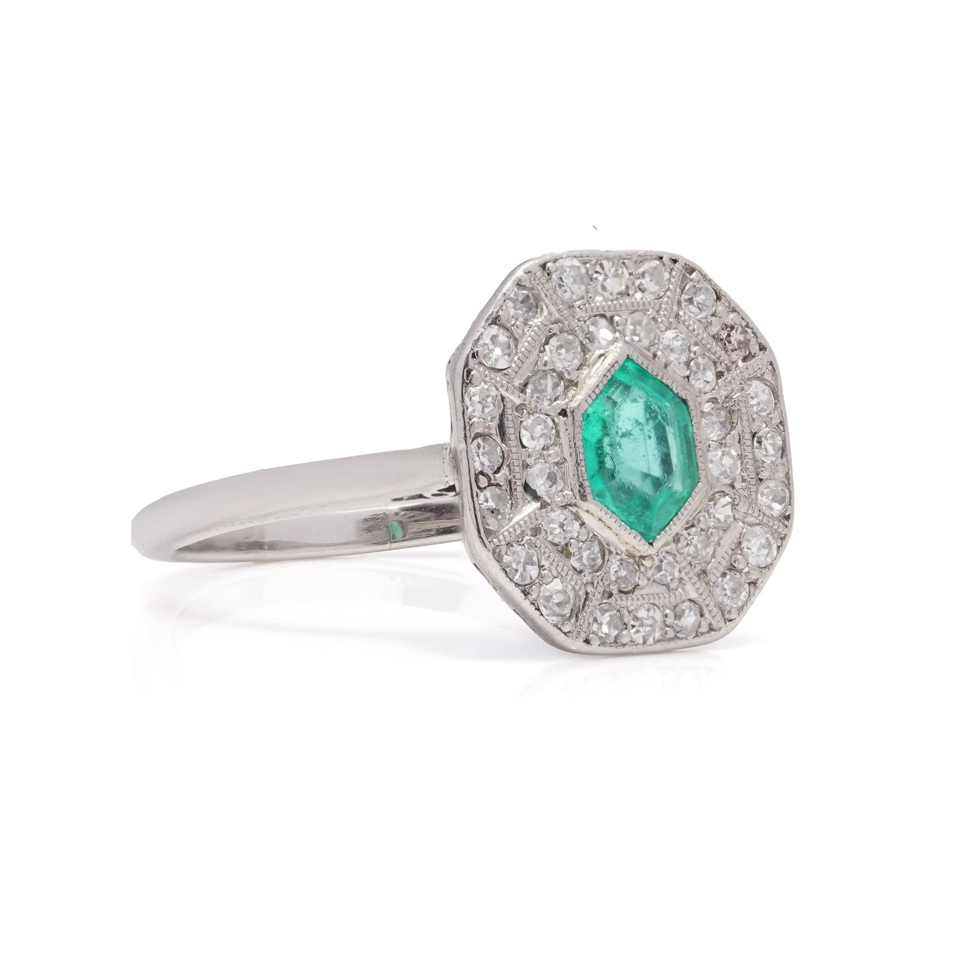 Art Deco Inspired Hexagon Cut Emerald and Diamond Cluster Engagement Ring in Platinum
