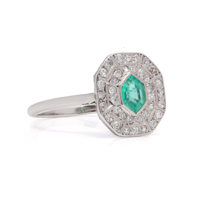 Art Deco Inspired Hexagon Cut Emerald and Diamond Cluster Engagement Ring in Platinum
