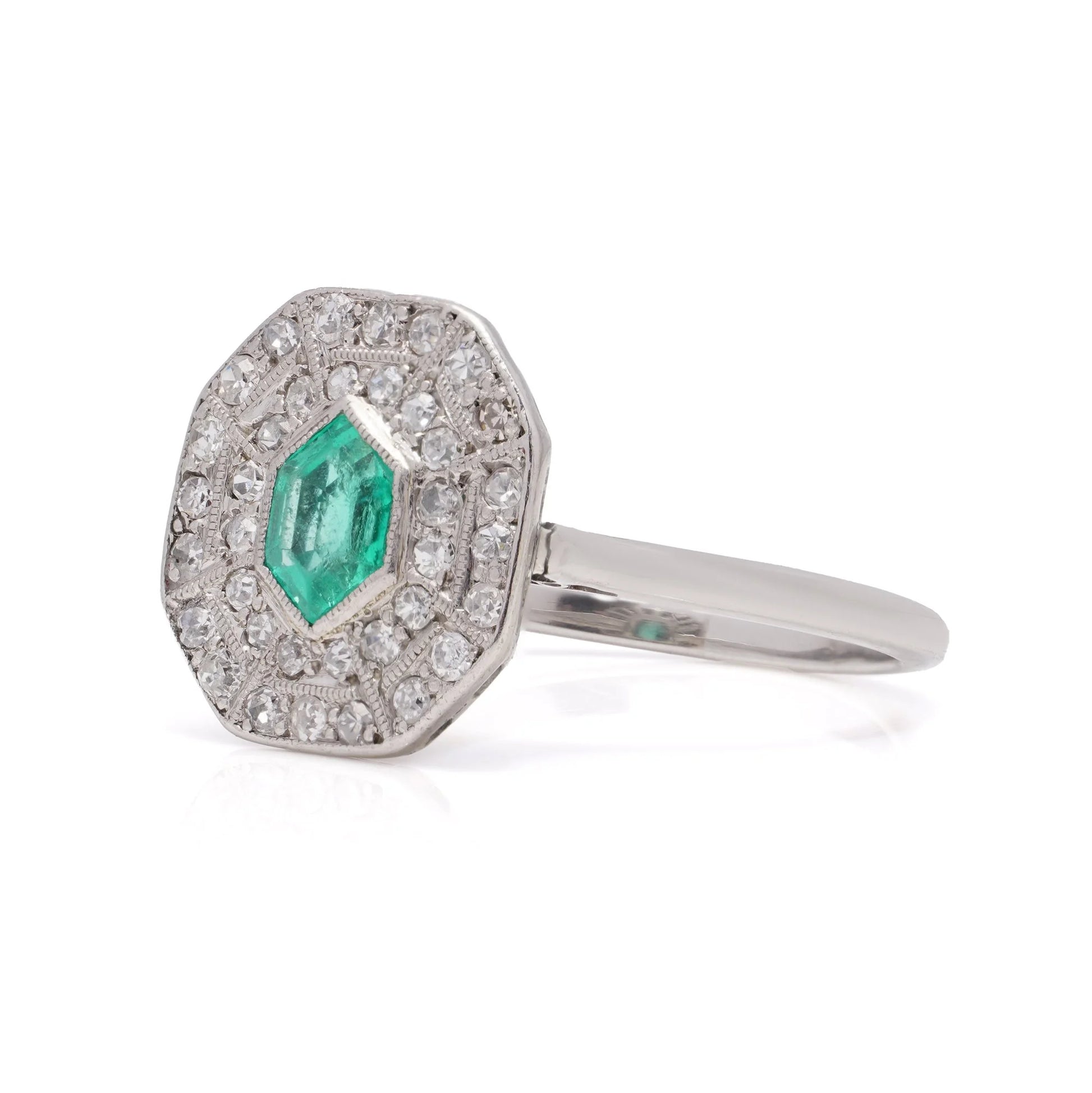Art Deco Inspired Hexagon Cut Emerald and Diamond Cluster Engagement Ring in Platinum
