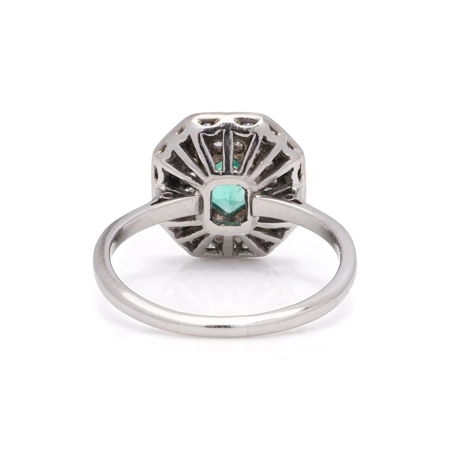 Art Deco Inspired Hexagon Cut Emerald and Diamond Cluster Engagement Ring in Platinum