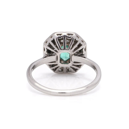 Art Deco Inspired Hexagon Cut Emerald and Diamond Cluster Engagement Ring in Platinum