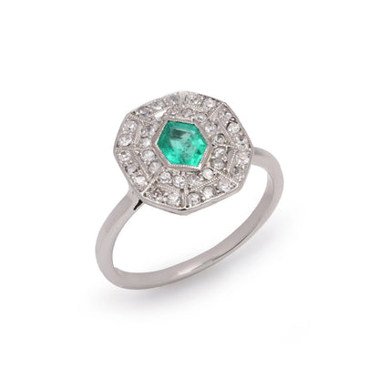 Art Deco Inspired Hexagon Cut Emerald and Diamond Cluster Engagement Ring in Platinum