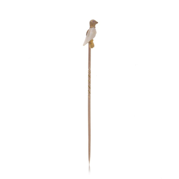Victorian gold bird shape stick pin with pearl and ruby.