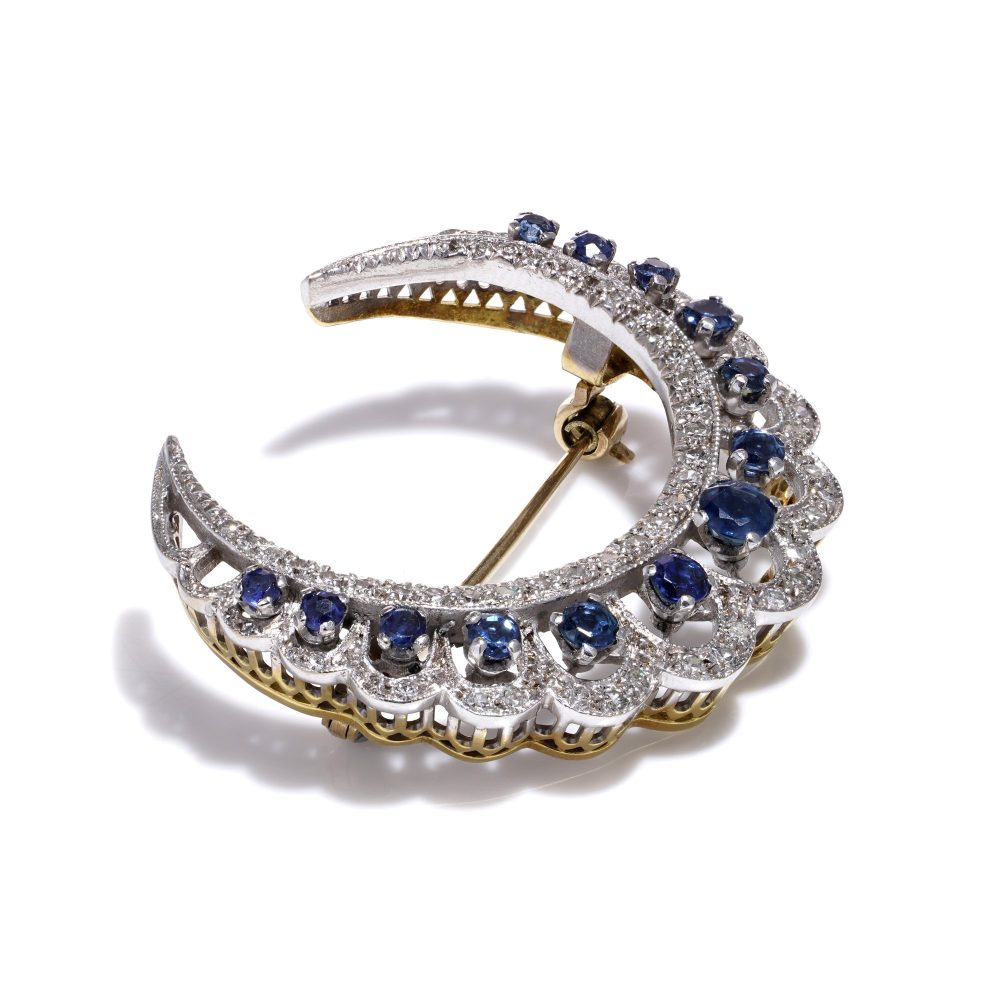 Edwardian sapphire and diamond crescent brooch in gold 