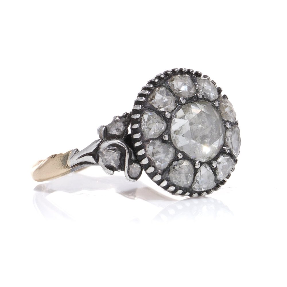 Victorian Antique 1.60ct Rose Cut Diamond Floral Cluster Engagement Ring in silver upon 9ct yellow gold