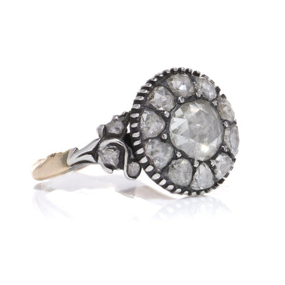 Victorian Antique 1.60ct Rose Cut Diamond Floral Cluster Engagement Ring in silver upon 9ct yellow gold