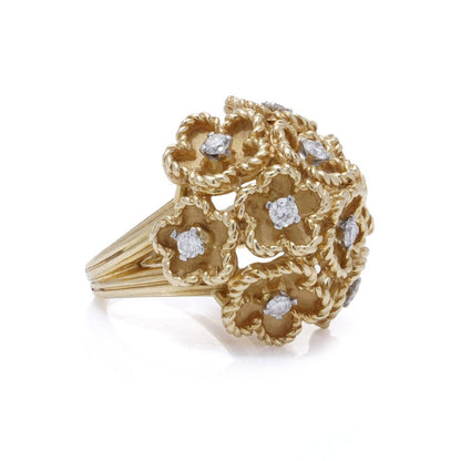 Vintage Kutchinsky Diamond Set 18ct Gold Flower Bombe Cocktail Ring, 18ct yellow gold floral cluster pattern with gold textured petals around diamond centres. Fully hallmarked, London 1977