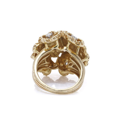 Vintage Kutchinsky Diamond Set 18ct Gold Flower Bombe Cocktail Ring, 18ct yellow gold floral cluster pattern with gold textured petals around diamond centres. Fully hallmarked, London 1977