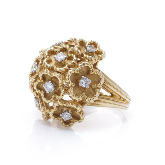 Vintage Kutchinsky Diamond Set 18ct Gold Flower Bombe Cocktail Ring, 18ct yellow gold floral cluster pattern with gold textured petals around diamond centres. Fully hallmarked, London 1977