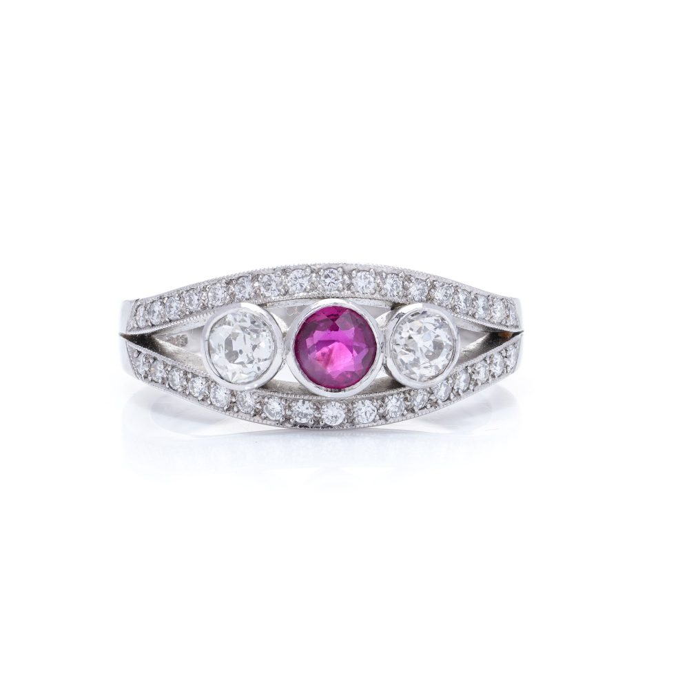 Platinum Three Stone Old Cut Diamond And Ruby Ring
