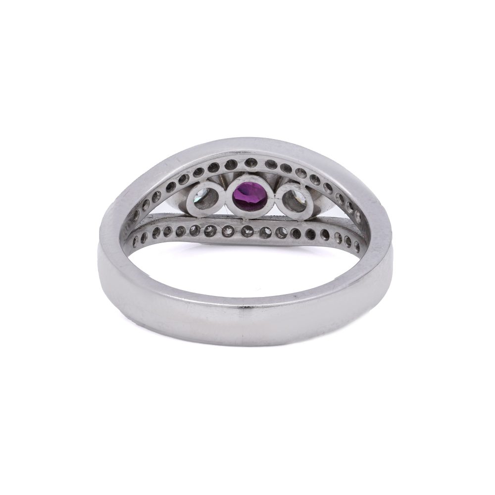 Platinum Three Stone Old Cut Diamond And Ruby Ring