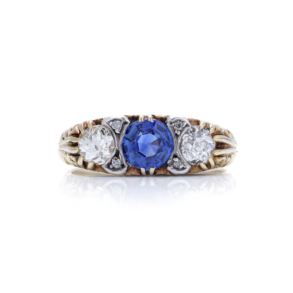 Victorian 18 Carat Gold And Silver Old Cut Diamond And Sapphire Three Stone Ring.