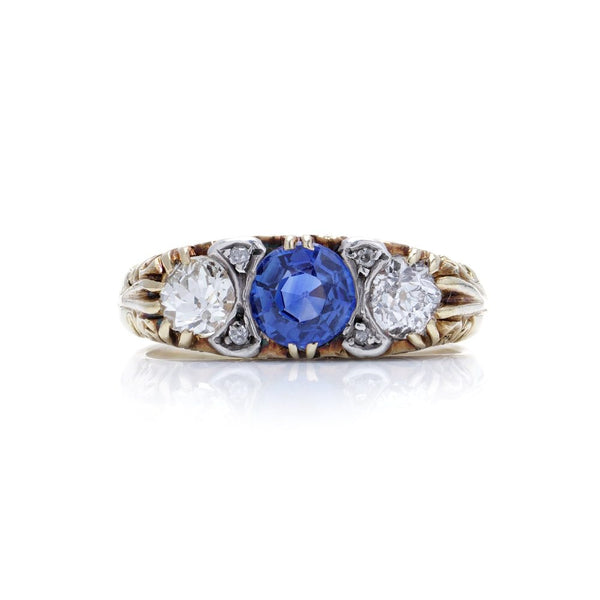 Victorian 18 Carat Gold And Silver Old Cut Diamond And Sapphire Three Stone Ring.