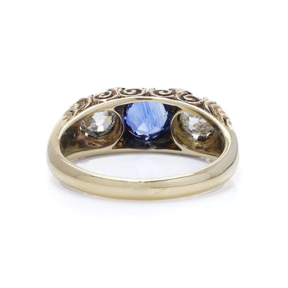 Victorian 18 Carat Gold And Silver Old Cut Diamond And Sapphire Three Stone Ring.
