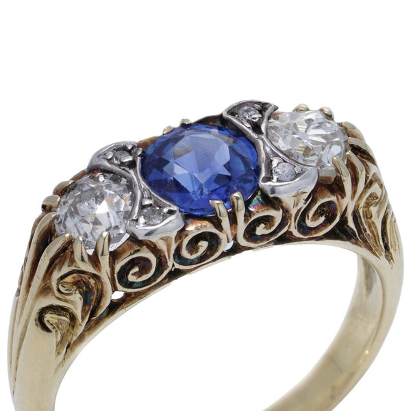 Victorian 18 Carat Yellow Gold And Silver Three-Stone Old Cut Diamond And Sapphire Ring
