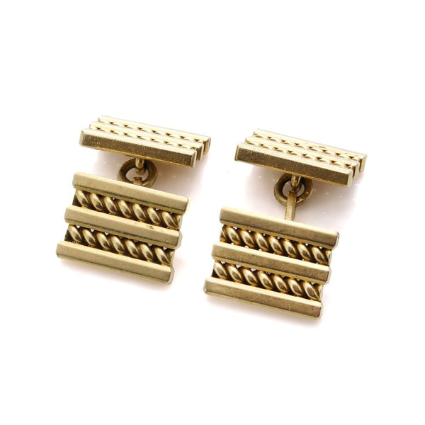Vintage Cartier 18ct Yellow Gold Geometric Pattern Cufflinks, with clean lines and geometric shapes in a rope-like pattern. Circa 1970s - 1980s