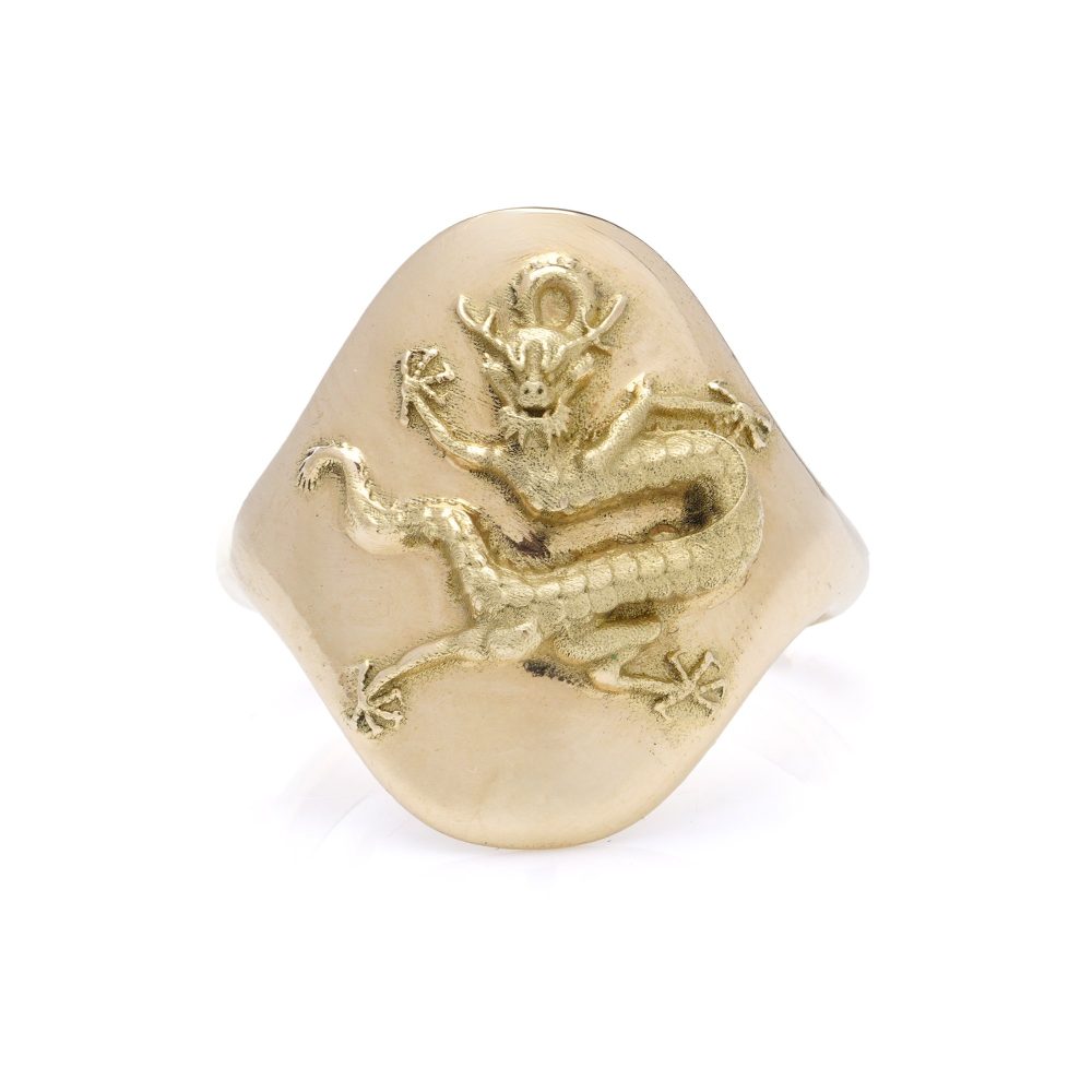Vintage French 18 Carat Yellow Gold Dragon Motif Signet Ring